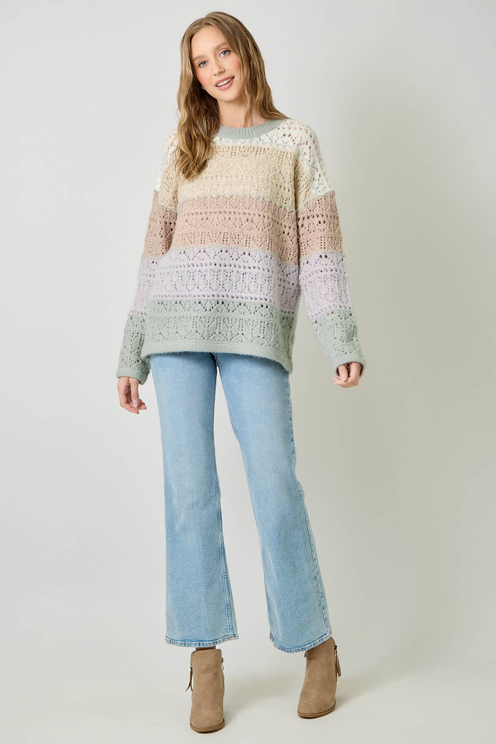 Mystree Color-Block Pointelle Sweater - Ivory Oatmeal view 7
