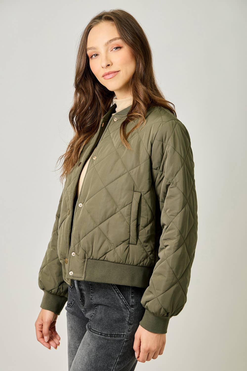 Mystree Olive Quilted Bomber Jacket view 5