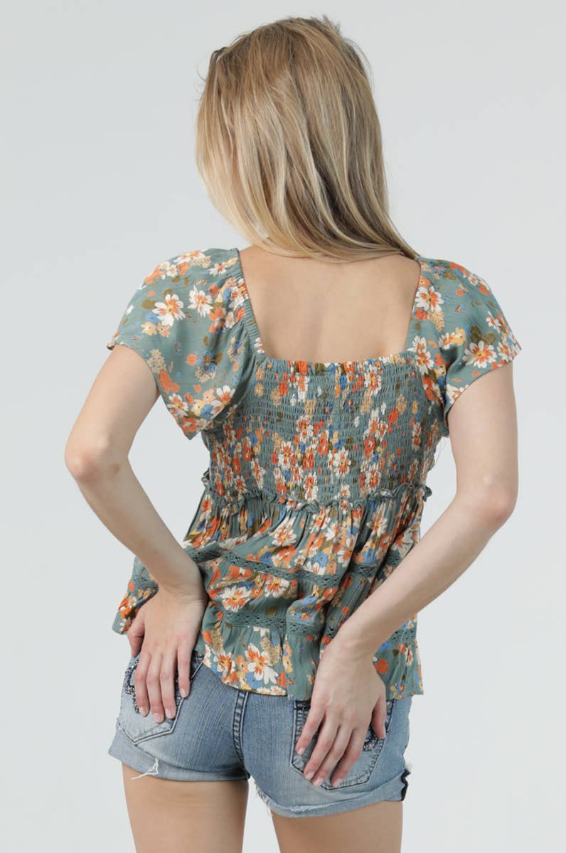 Angie Flutter Sleeve Top with Ruffle Detail and Crochet view 3