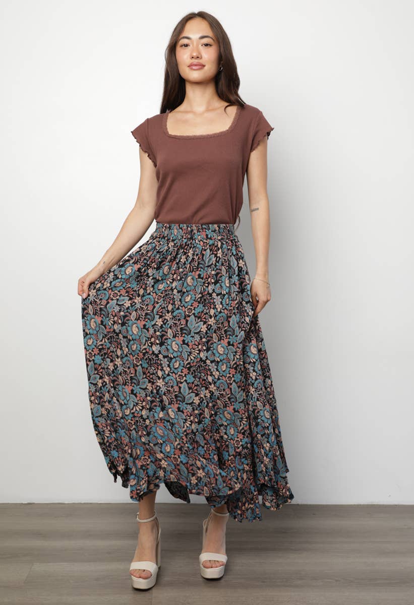 Angie Floral High Waisted Skirt with Ruffles view 3
