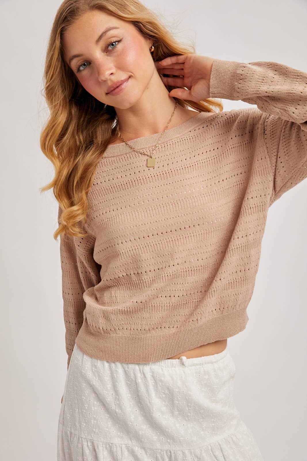 Bluivy Open Knit Long Sleeve Pullover Top