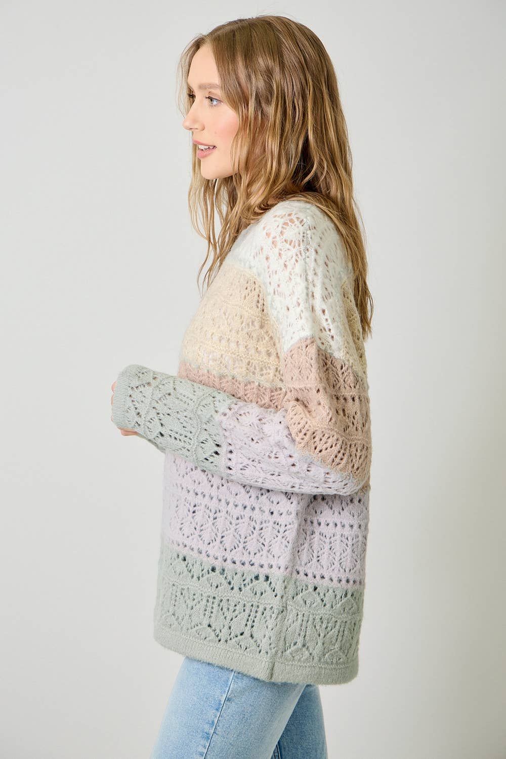 Mystree Color-Block Pointelle Sweater - Ivory Oatmeal view 5