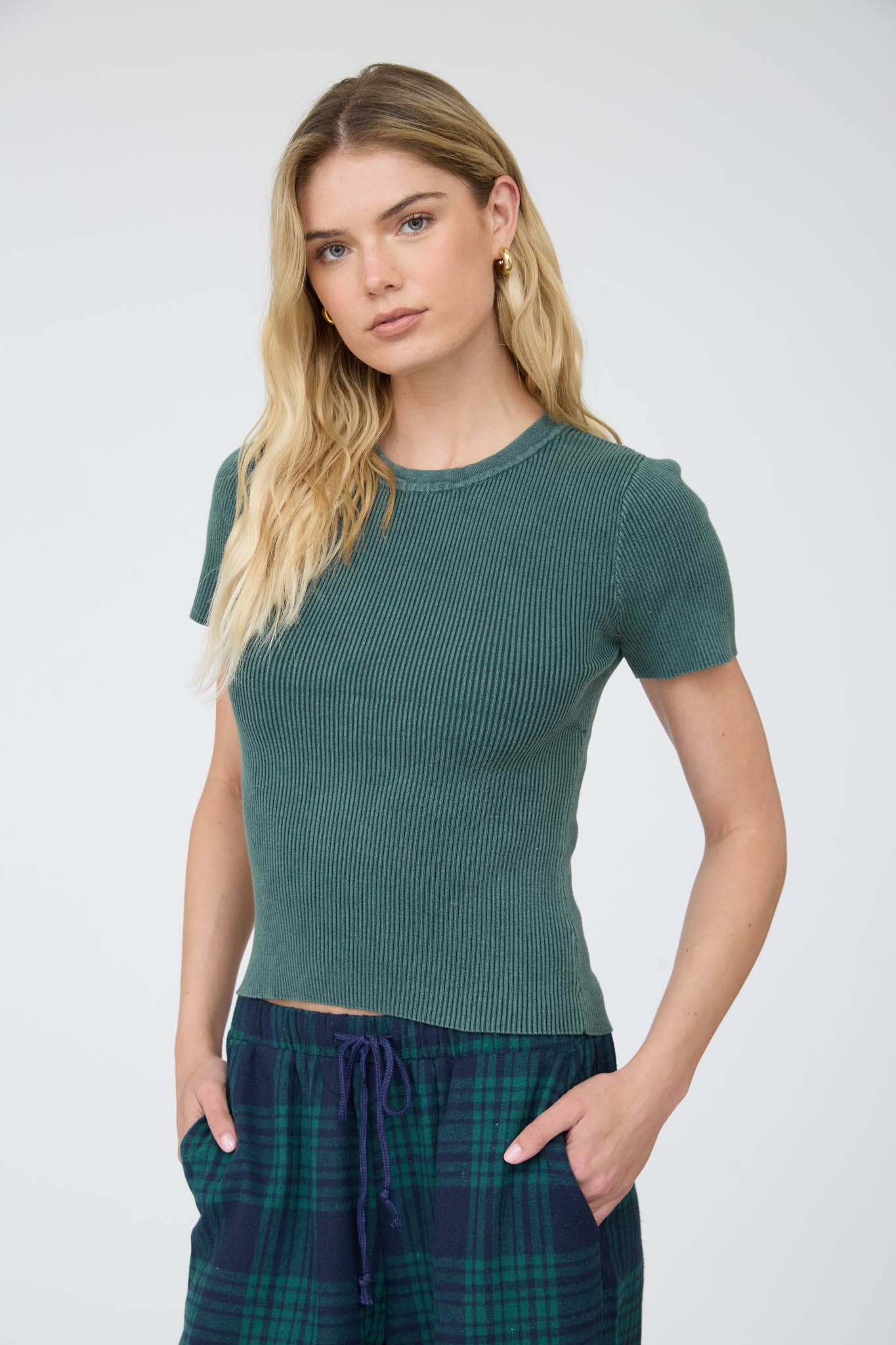 Blu Pepper Washed Ribbed Short Sleeve Cropped Knit Tee view 4