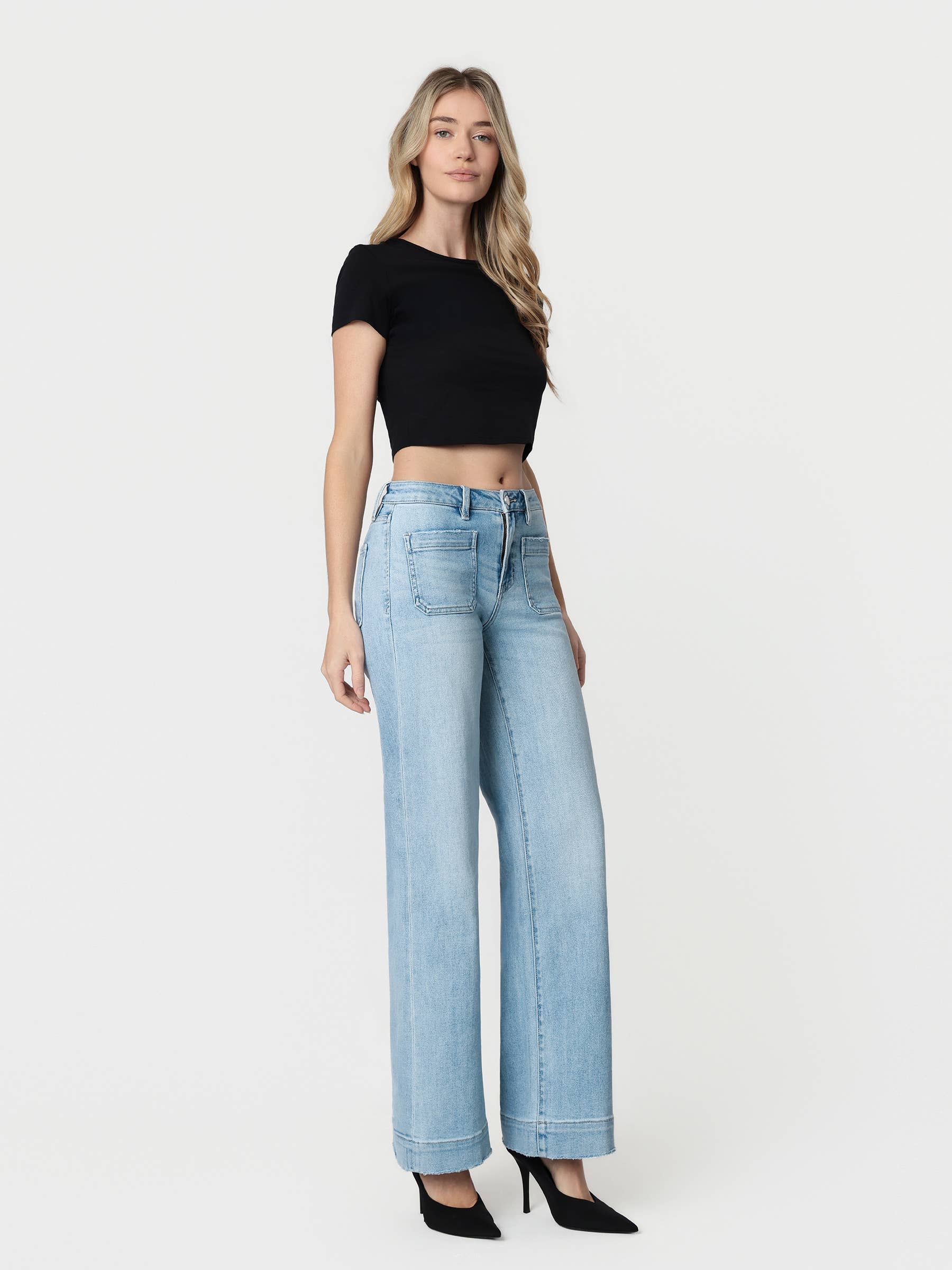 Flying Monkey High Rise Light Wash Trouser Hem Wide Jeans view 3