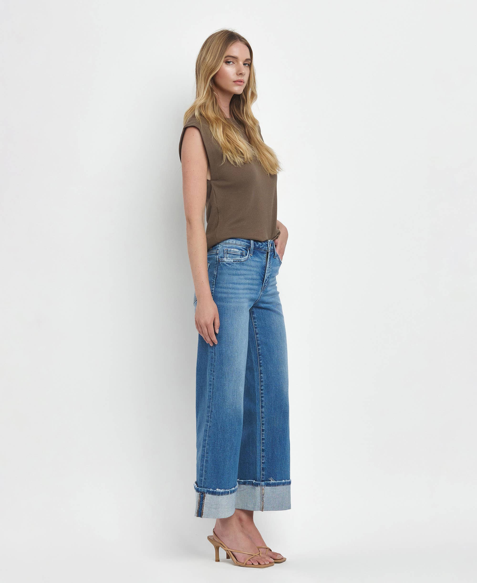 Flying Monkey High Rise Medium Wash Cuffed Wide Jeans view 6