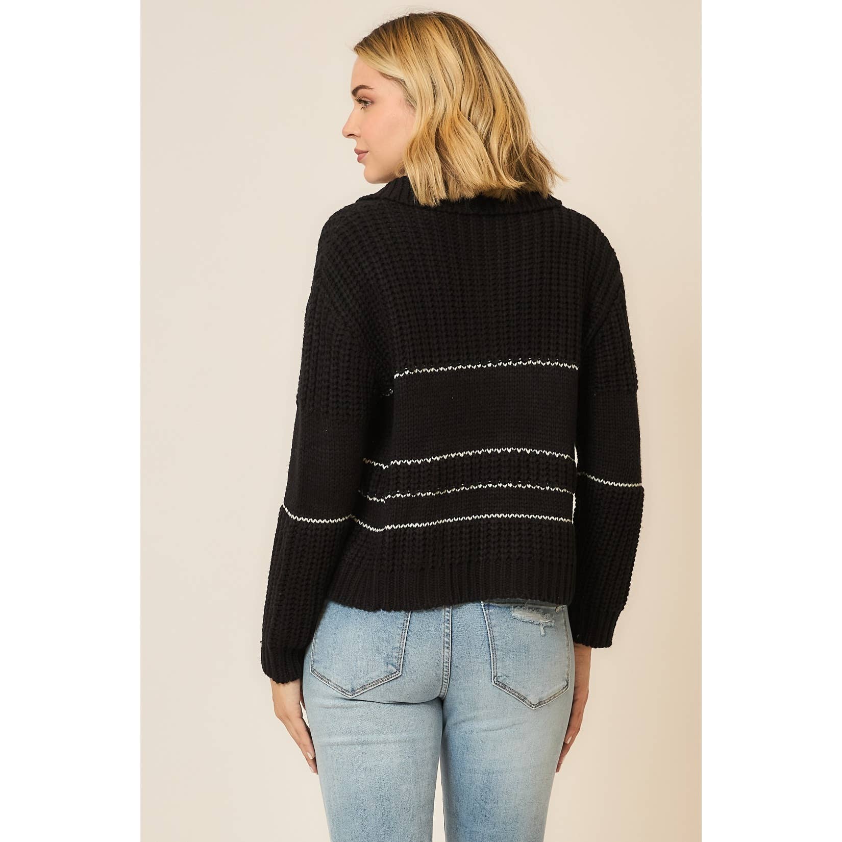 Button Up Knit Sweater with Contrast Stripes view 8