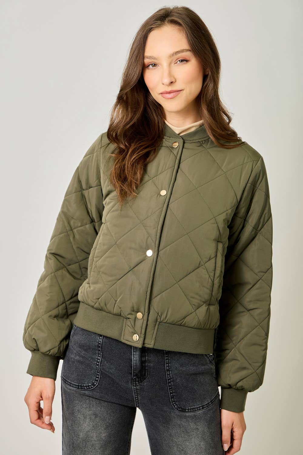 Mystree Olive Quilted Bomber Jacket view 3