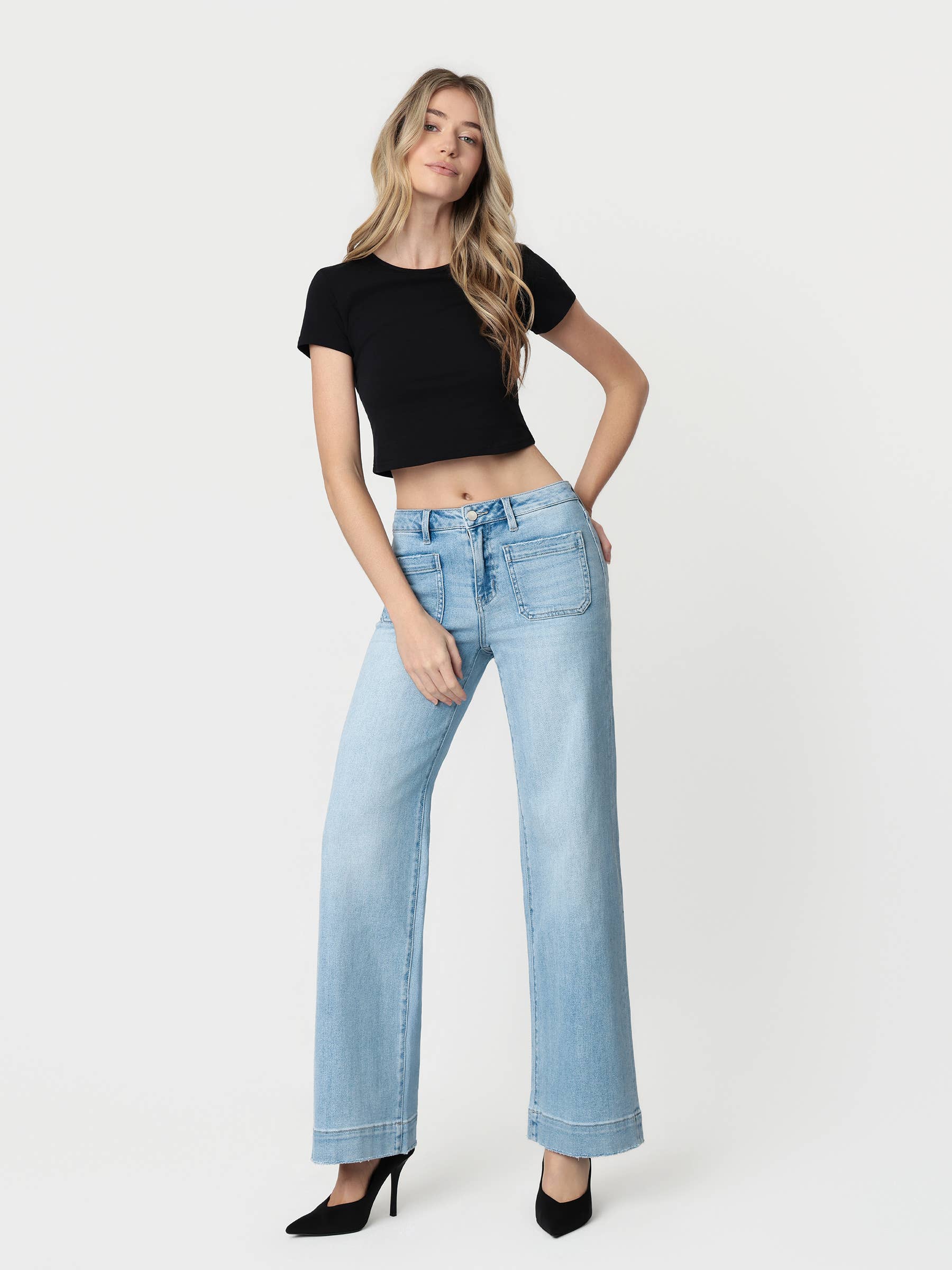 Flying Monkey High Rise Light Wash Trouser Hem Wide Jeans view 7