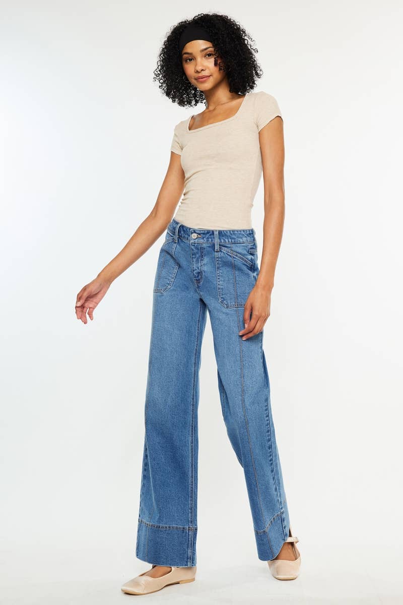 Kan Can USA Women's Wide Leg Jeans - Mid Rise Stretch Denim - Med Dark view 3