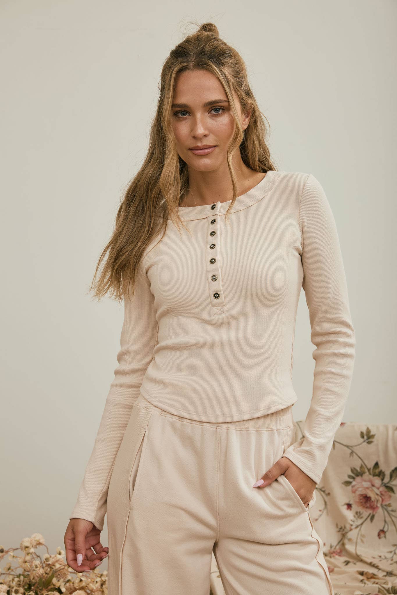 Blu Pepper - Fitted Long Sleeve Ribbed Henley Knit Top