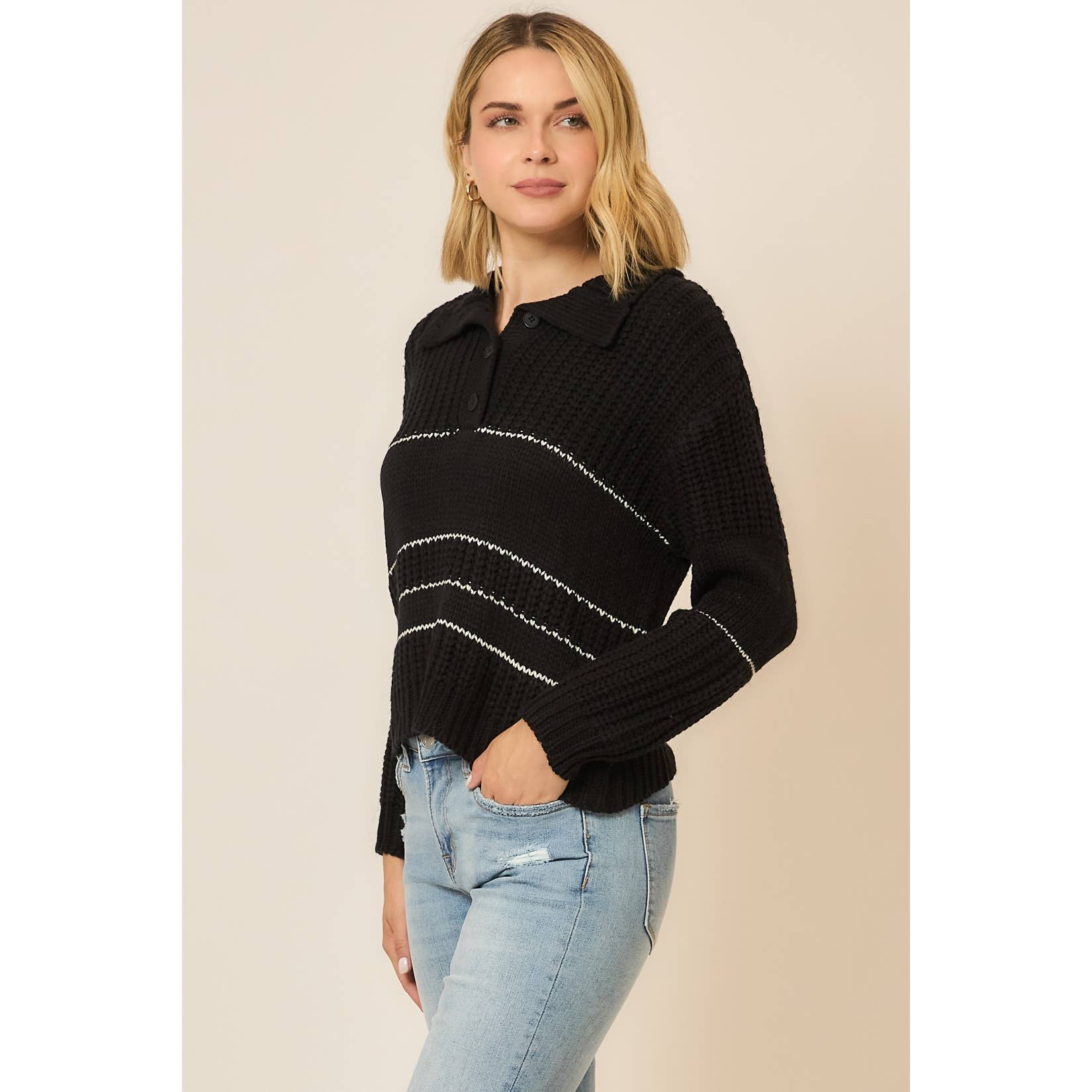 Button Up Knit Sweater with Contrast Stripes view 10