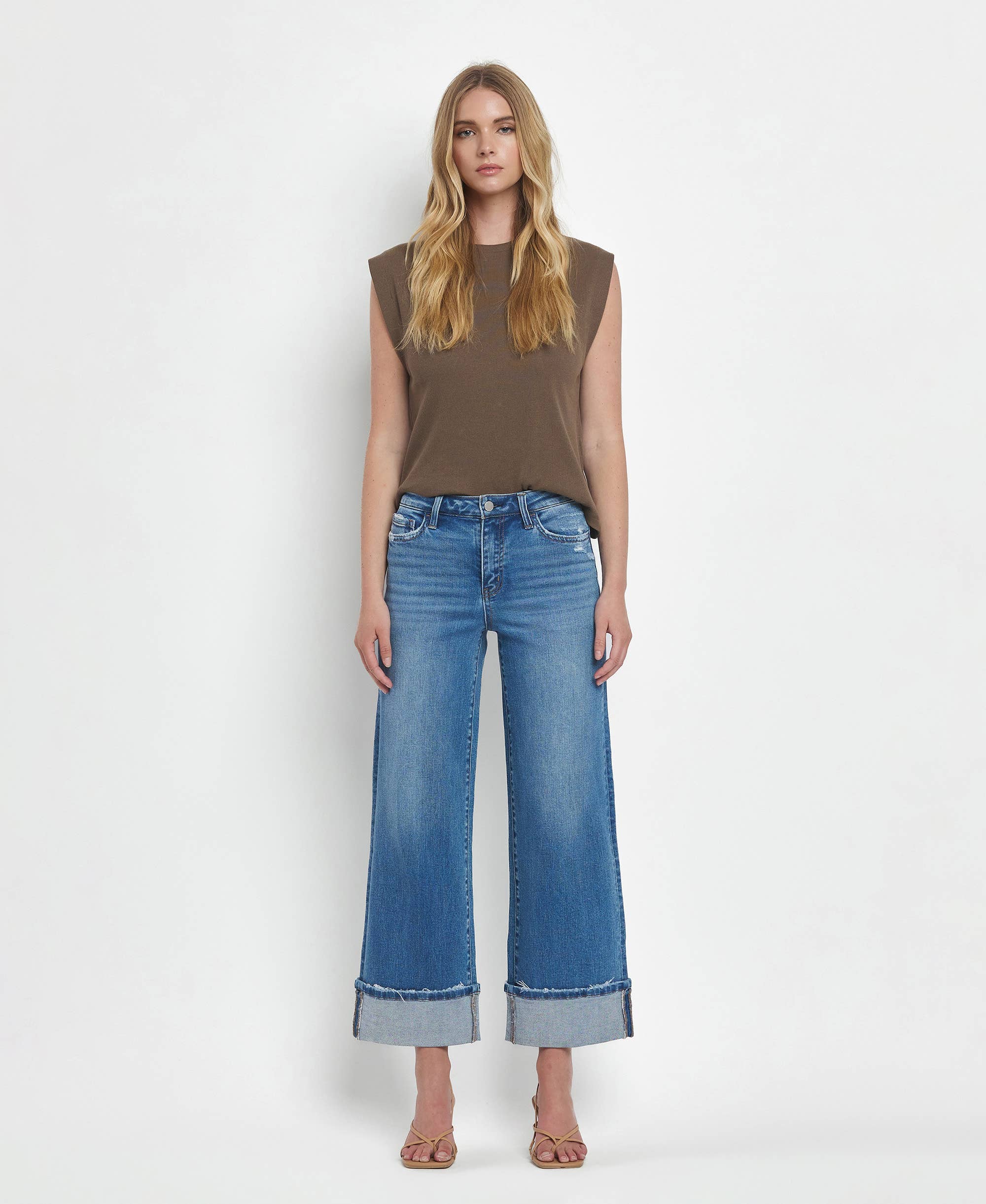 Flying Monkey High Rise Medium Wash Cuffed Wide Jeans view 4
