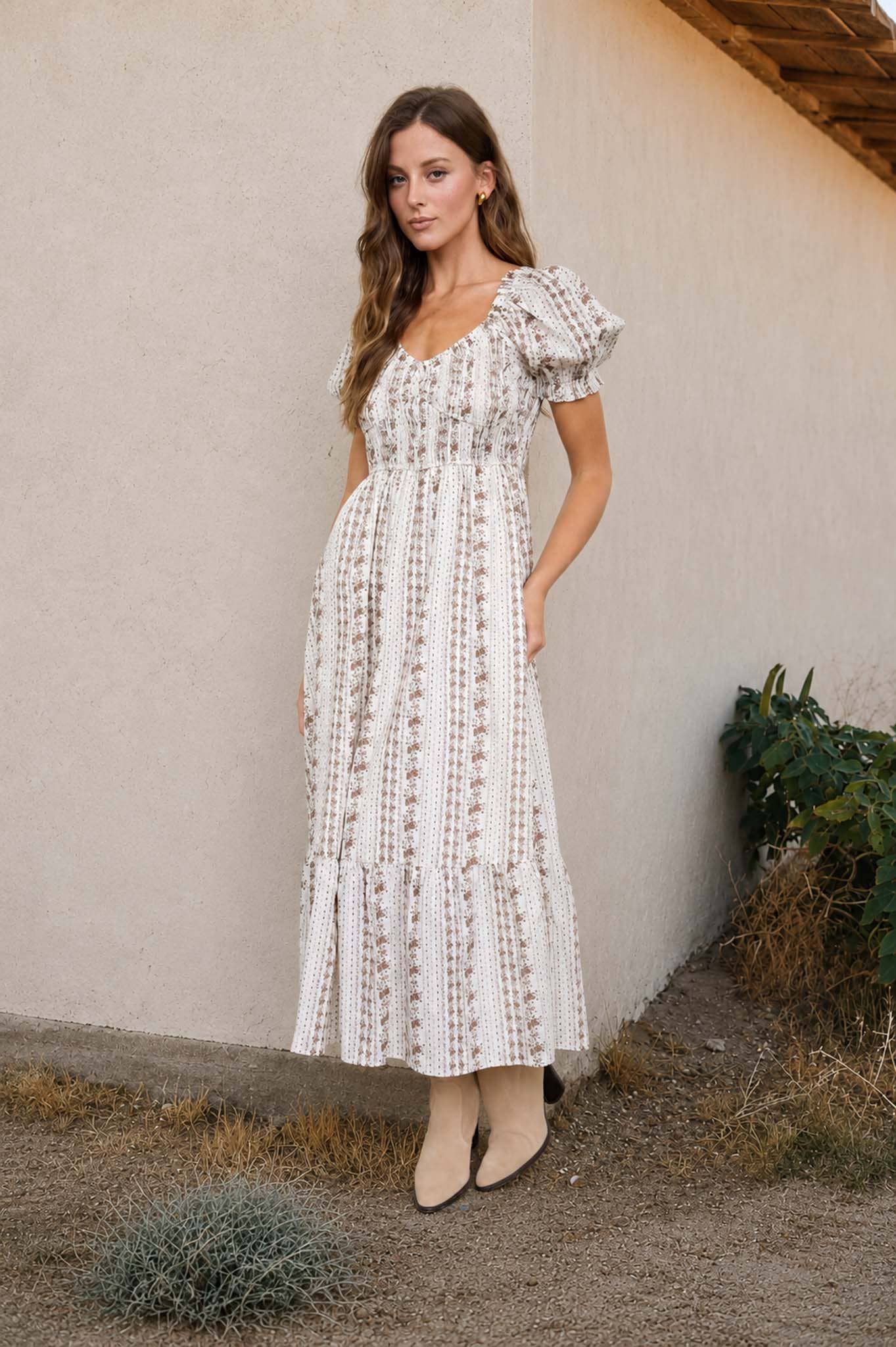 Blu Pepper - Floral Stripe Puff Sleeve Ruffled Midi Dress view 3