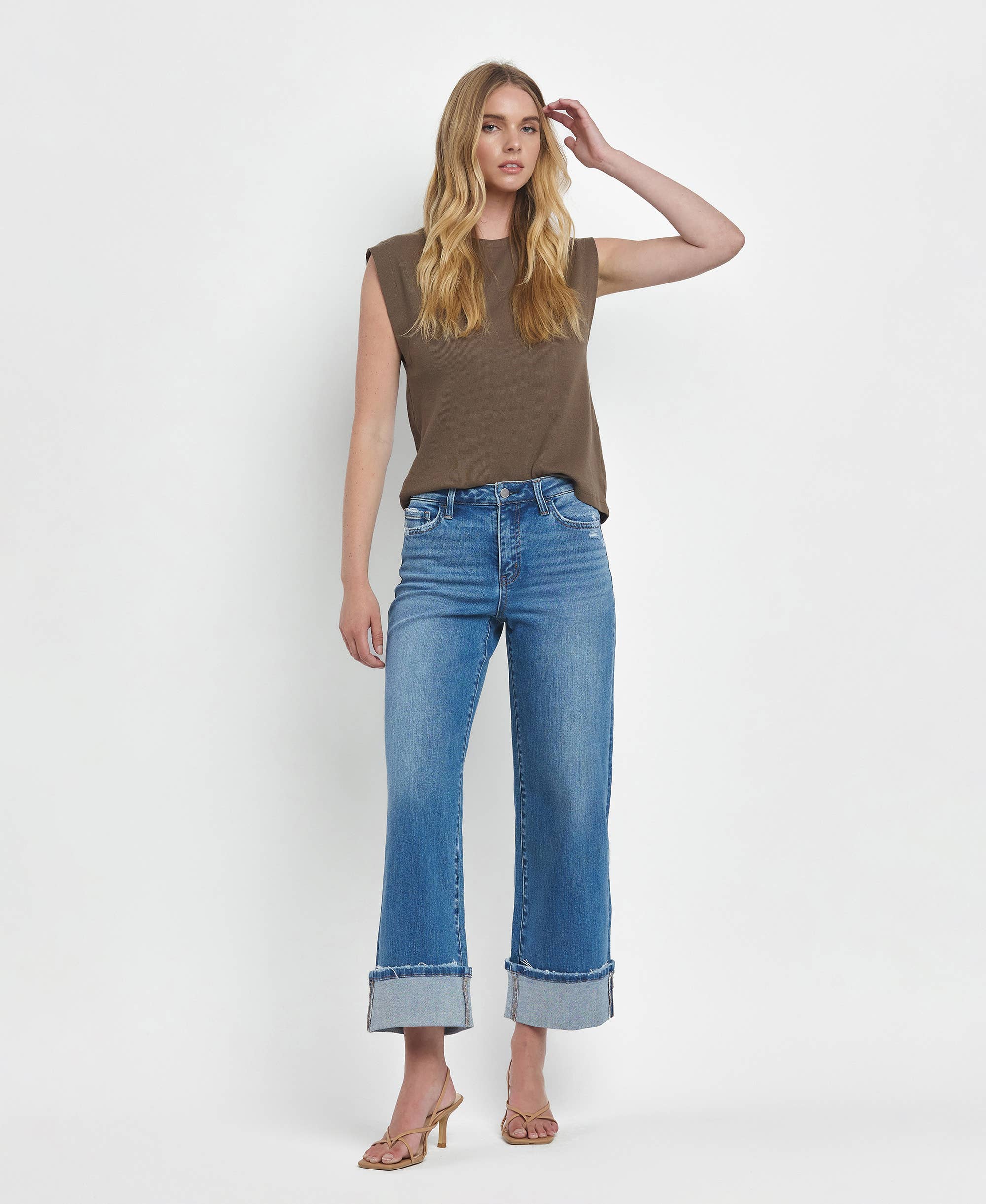 Flying Monkey High Rise Medium Wash Cuffed Wide Jeans view 5