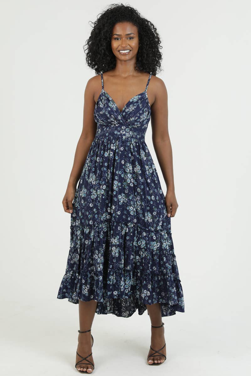Angie Eyelet Embroidered Printed V-Neck Midi Dress