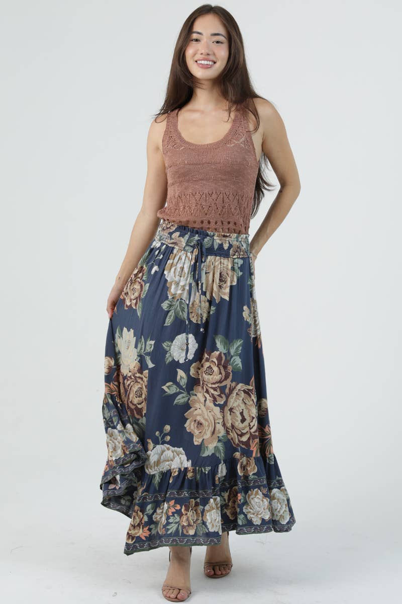 Angie Smocked Waist Ruffle Hem Maxi Skirt