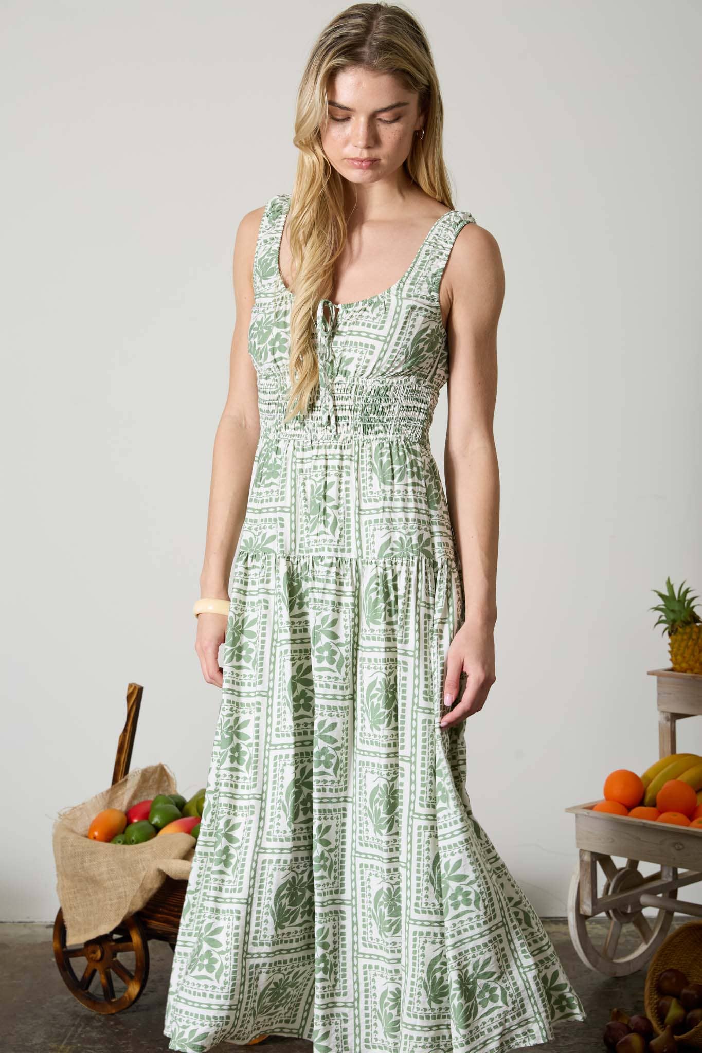 Blu Pepper - Floral Tile Print Sleeveless Smocked Midi Dress view 3